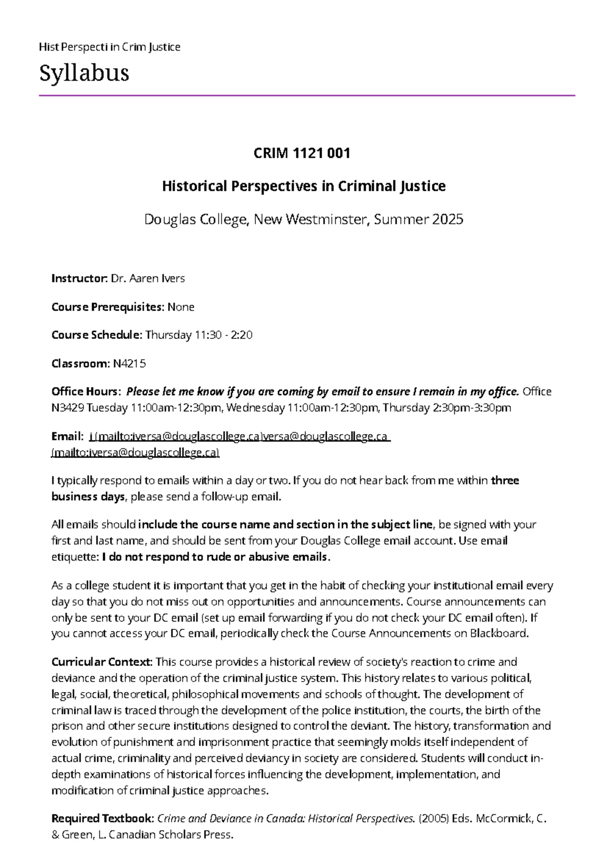 CRIM 1120-050 Course Syllabus: Introduction to Policing (Summer 2025 ...