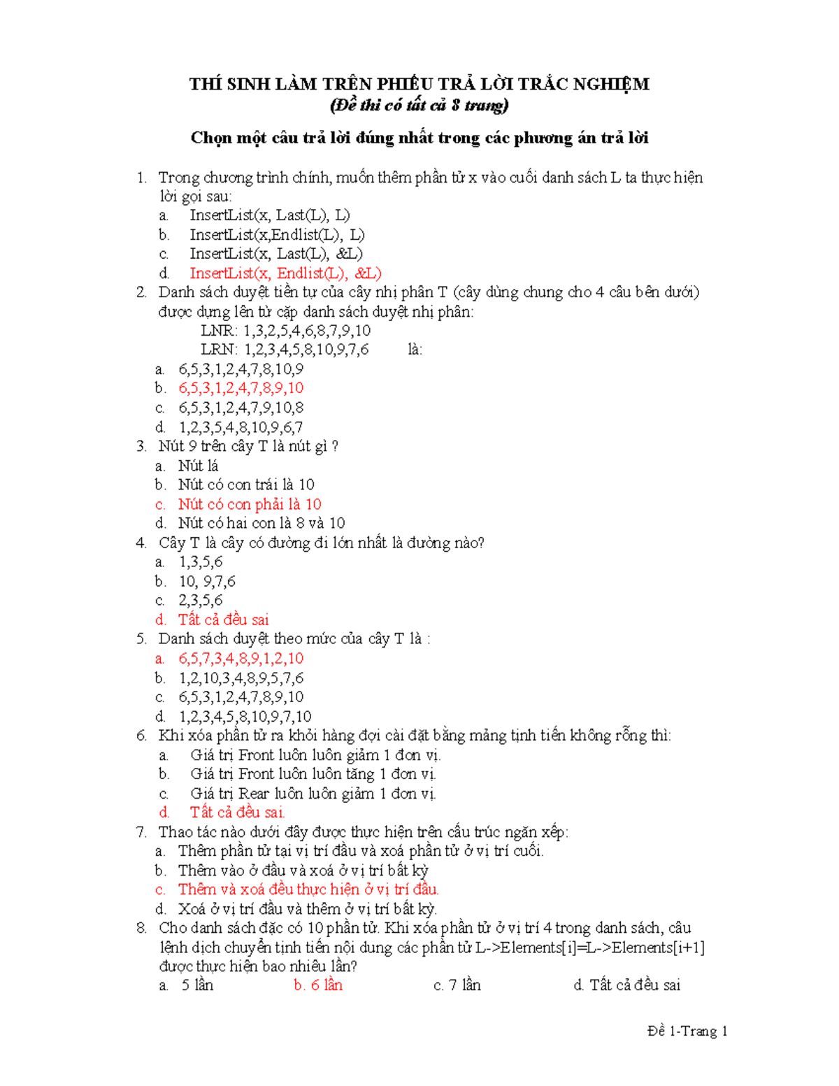LT1 - Đề thi trắc nghiệm về cấu trúc dữ liệu và thuật toán - Document Preview