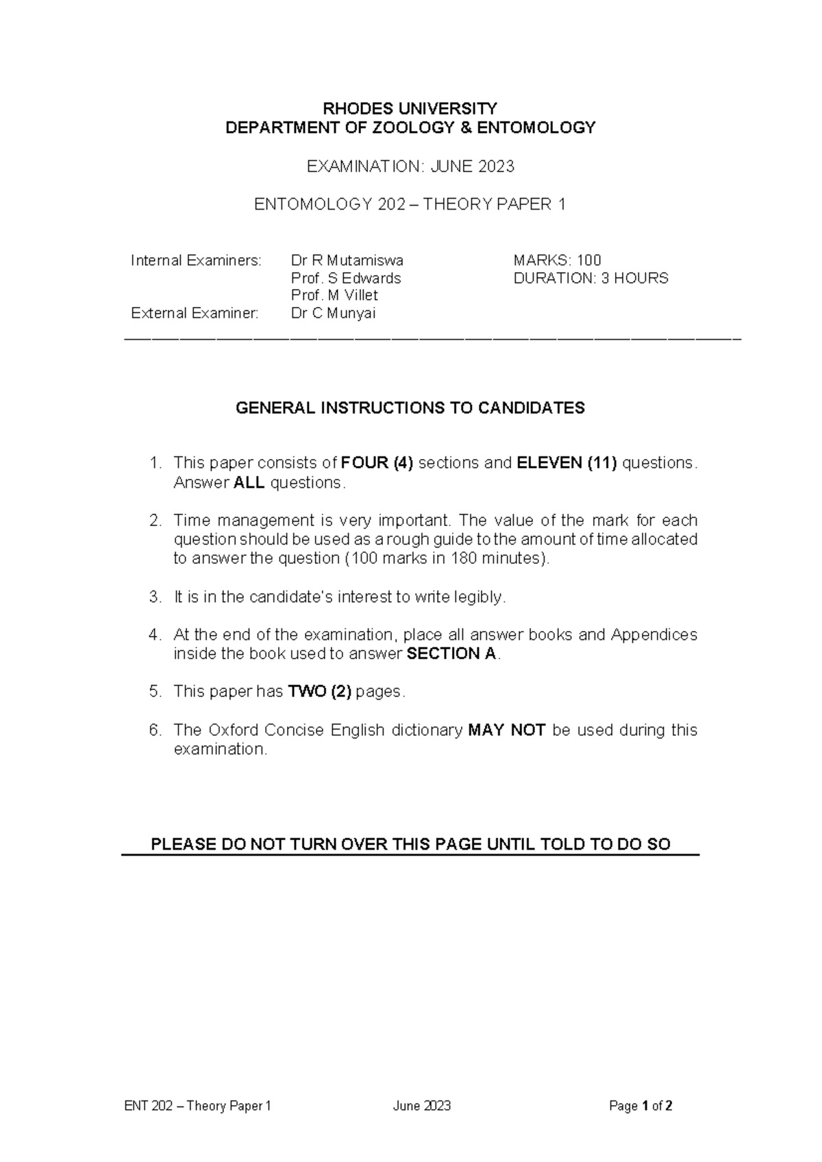 ENT 202 Final Exam: Entomology Theory Paper 1 - June 2023 - Studocu