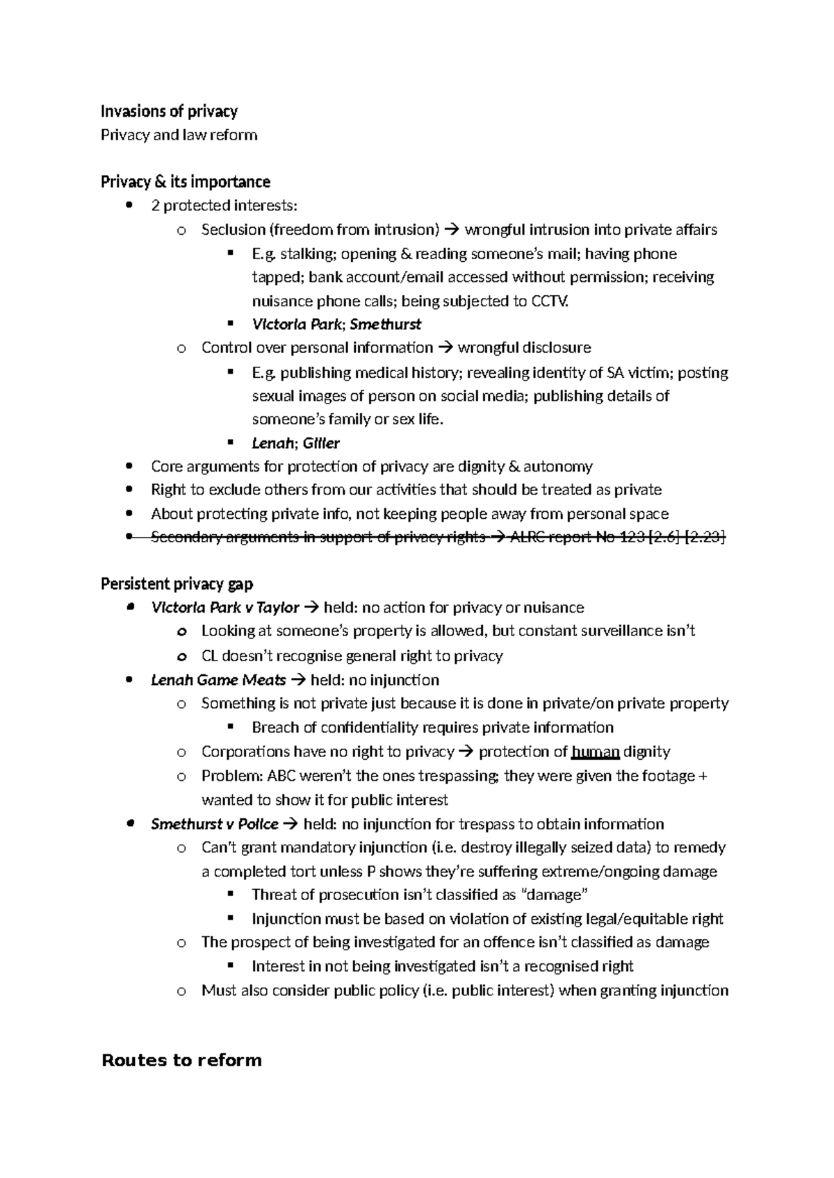T Lecture 9 - Invasion of Privacy: Legal Perspectives and Reform - Studocu