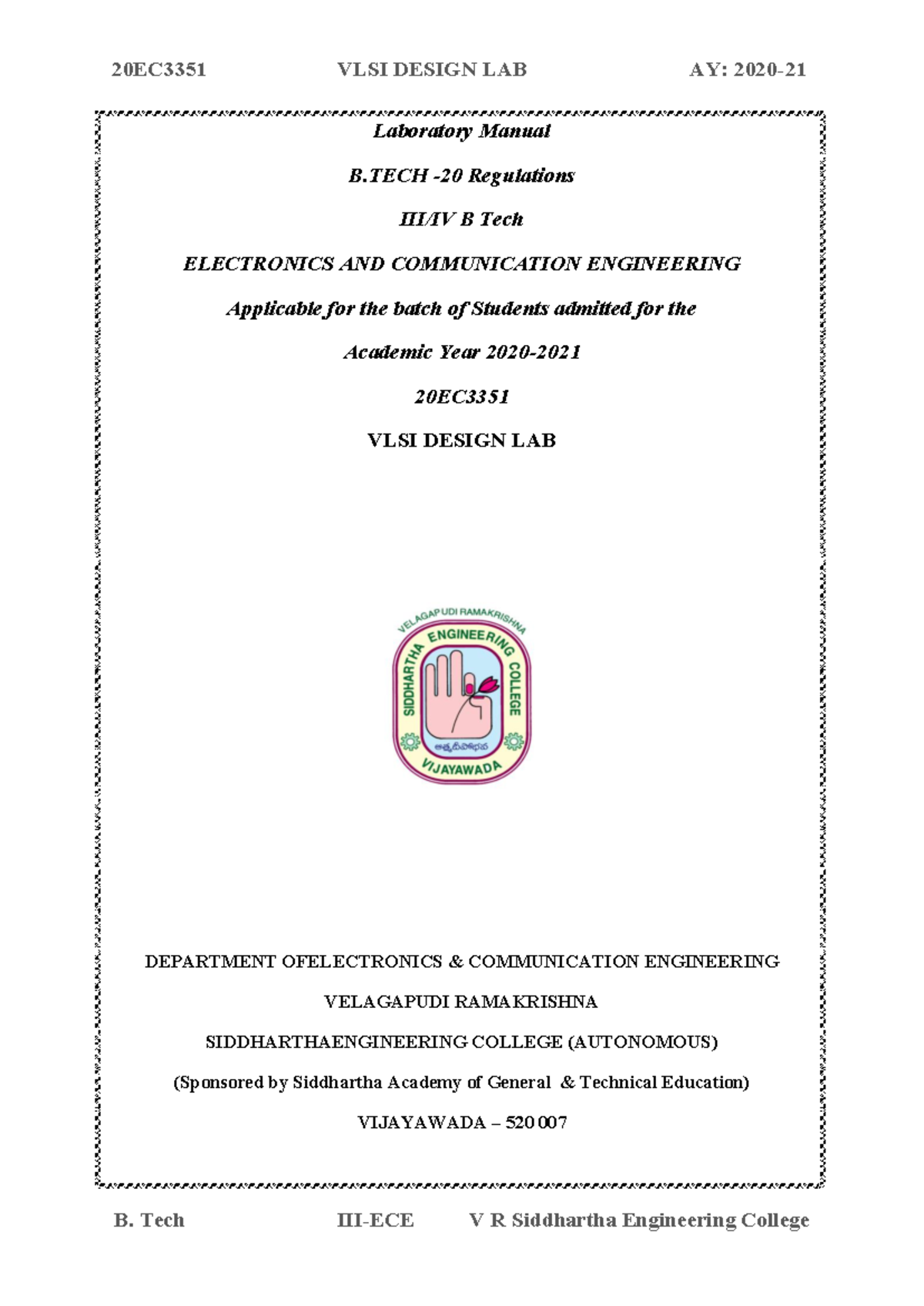 20EC3351 VLSI DESIGN LAB: Laboratory Manual and Experiments Guide - Studocu