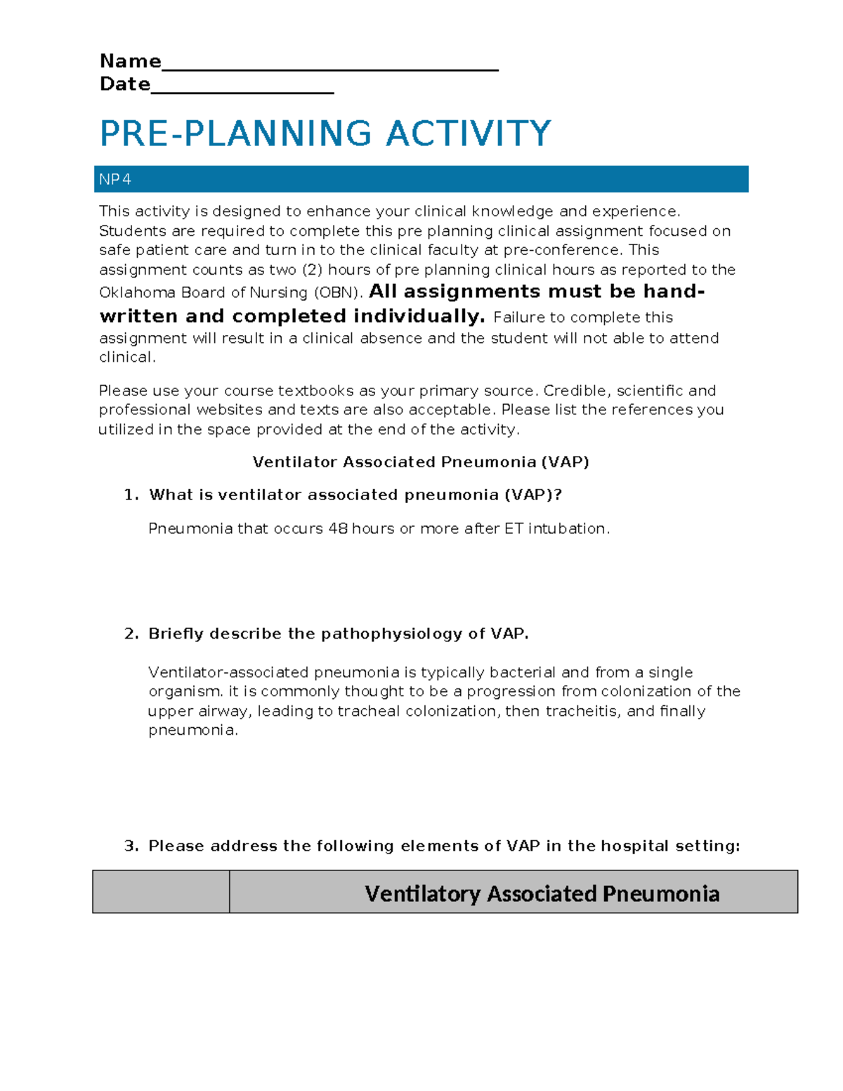 Pre-Planning Activity #6: Ventilator Associated Pneumonia (VAP) - Studocu