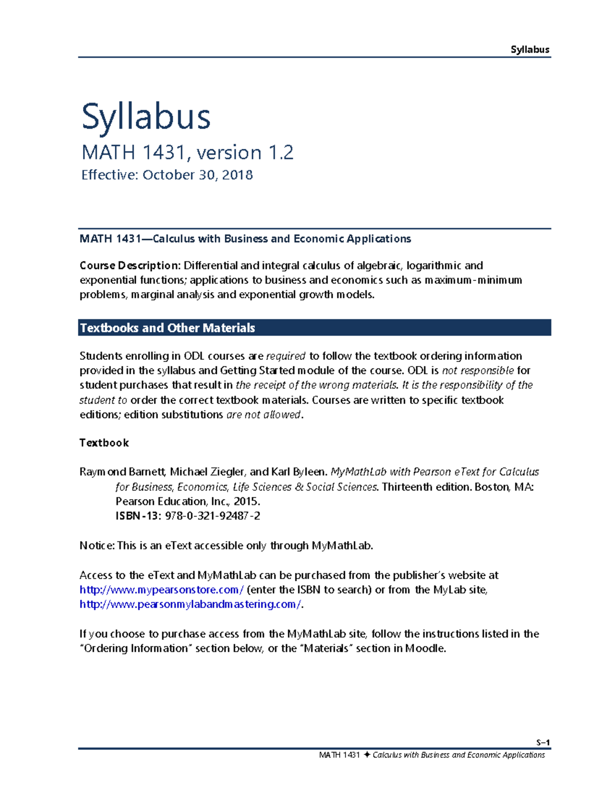 MATH 1431 1 - Lecture Notes - S– MATH 1431—Calculus with Business and ...