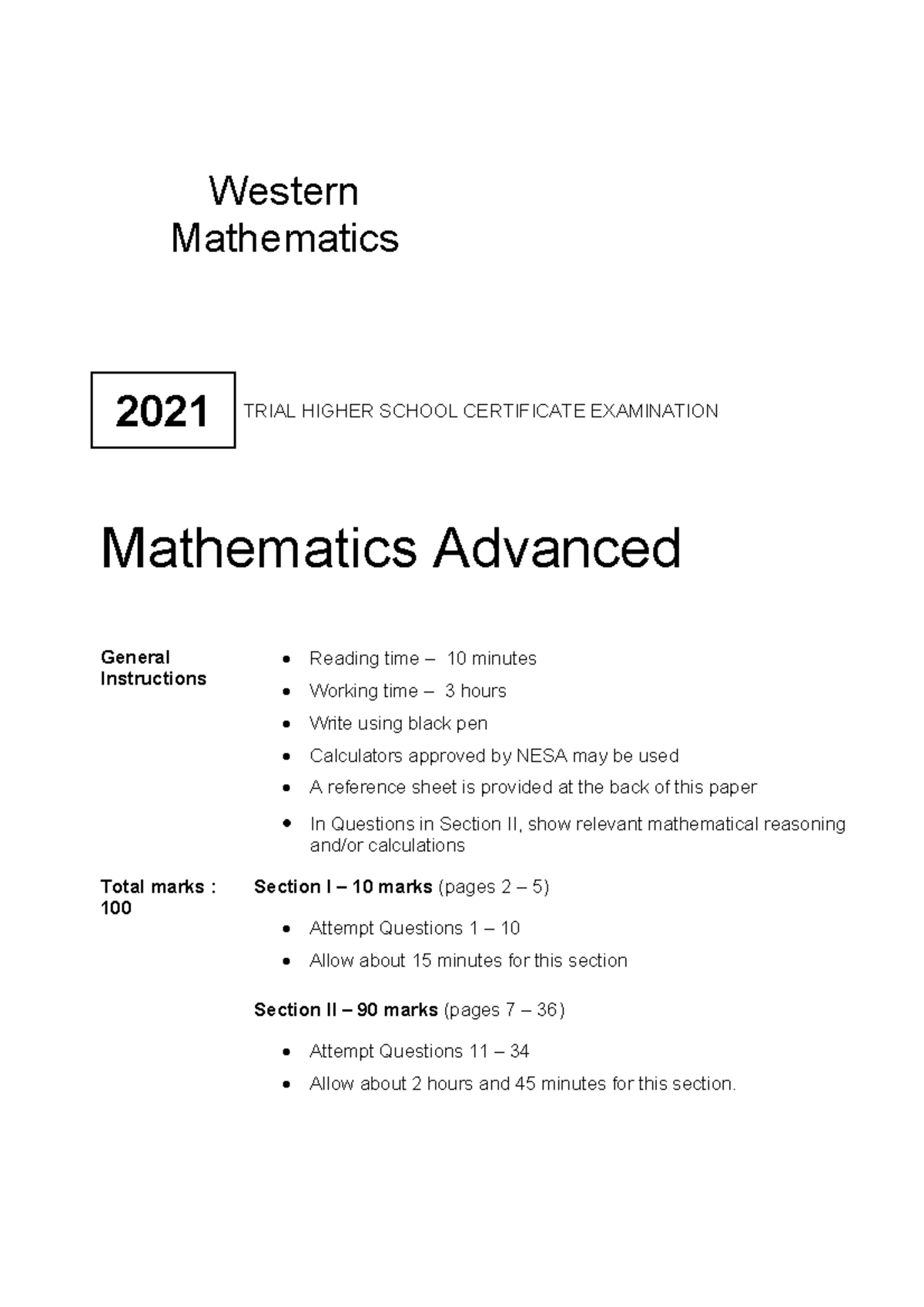 WME Advanced Mathematics HSC Trial Exam 2021 - Studocu