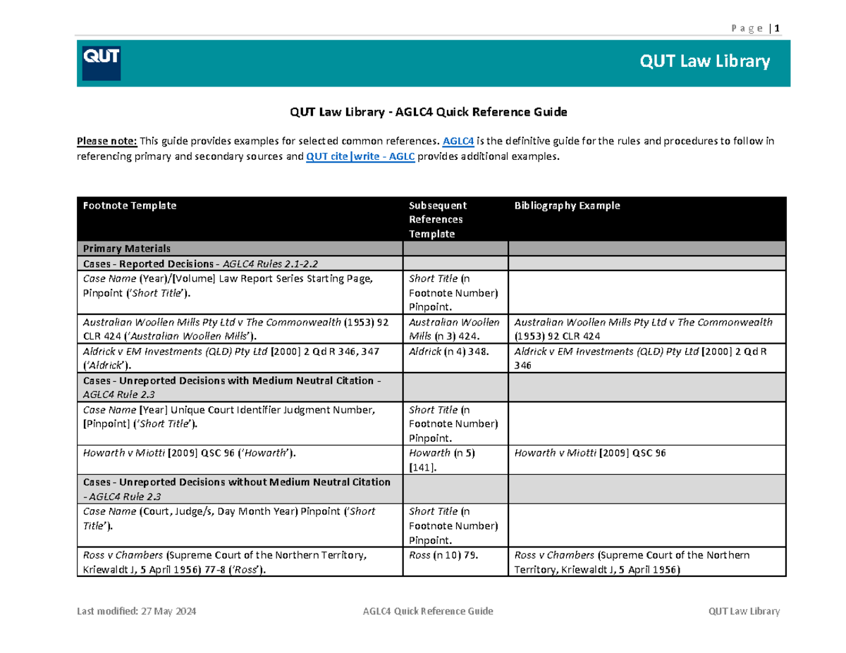 AGLC4 Referencing Quick Reference Guide for QUT Law Library - Studocu