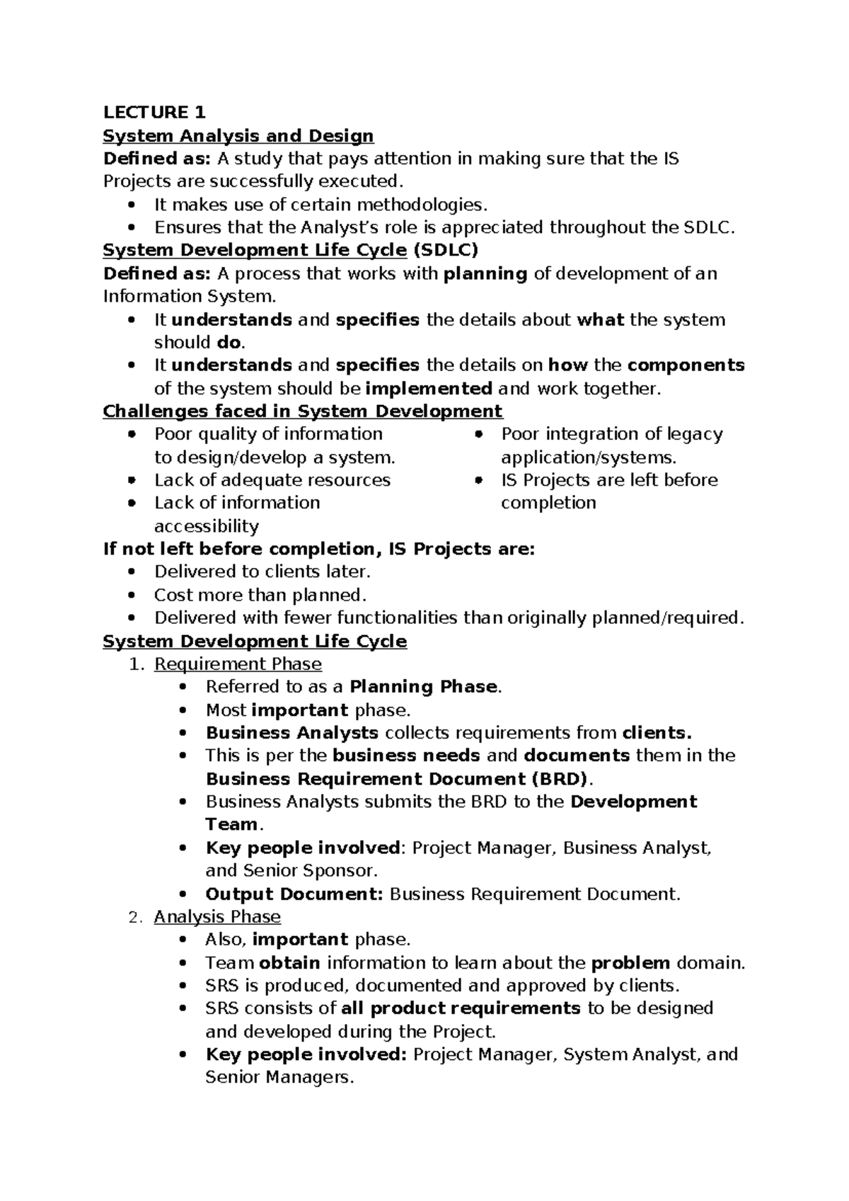 LECTURE 1 IS Analysis: Understanding System Development Life Cycle ...
