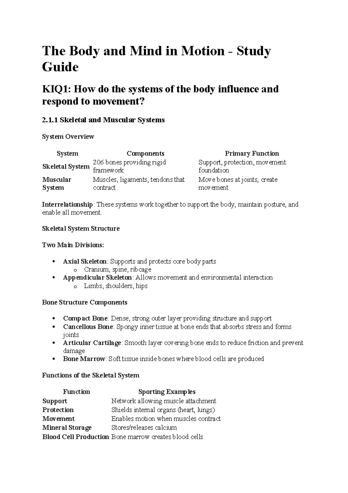 The Body and Mind in Motion Study Guide: KIQ1 on Skeletal & Muscular ...
