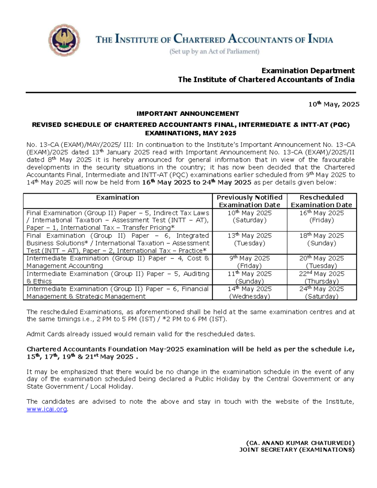 CA Final & Intermediate Exam Revised Schedule - May 2025 - Studocu