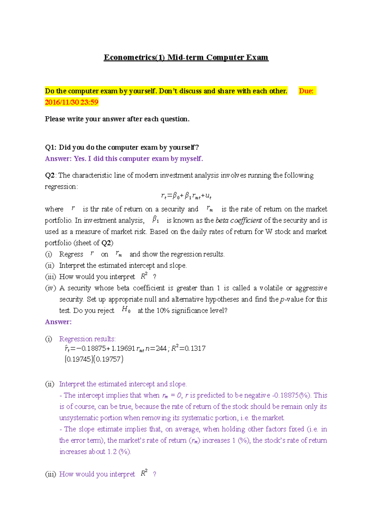 Econometrics (1) Midterm Exam 2016: Questions & Answers - Studocu