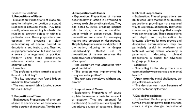 Types of Prepositions: A Comprehensive Guide - PREP - Studocu