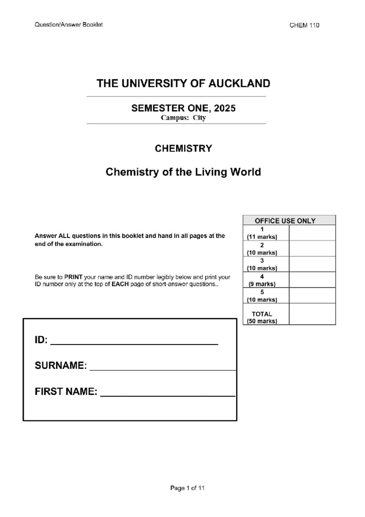 Chem 110 Midterm Test 2025 - Blocks 1-3 Exam Booklet - Studocu