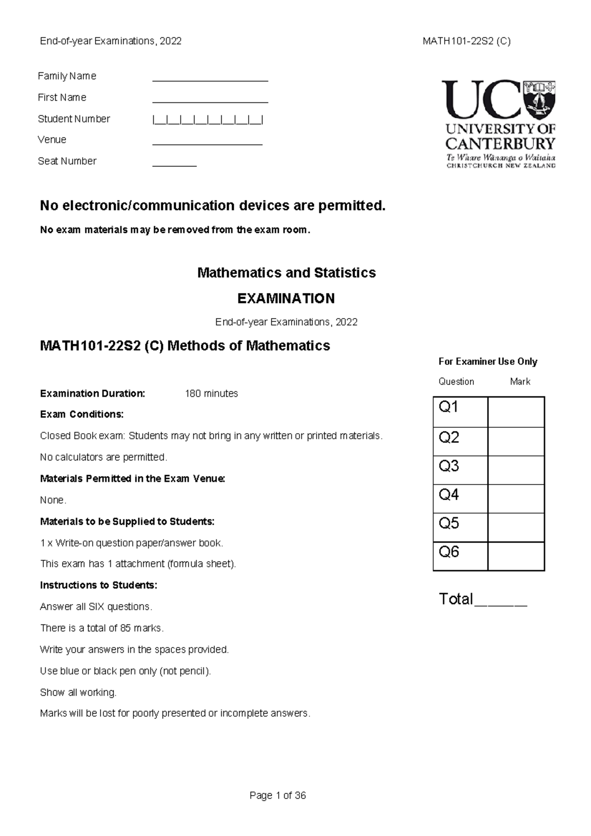 MATH101 22S2 Final Exam: Methods of Mathematics Overview - Studocu