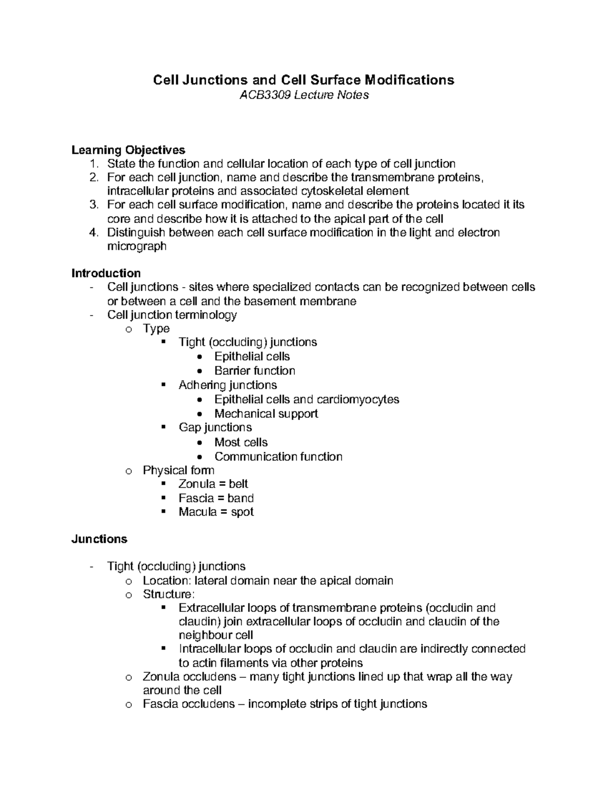 Lec 5 ACB3309 Notes: Cell Junctions & Surface Modifications Overview ...