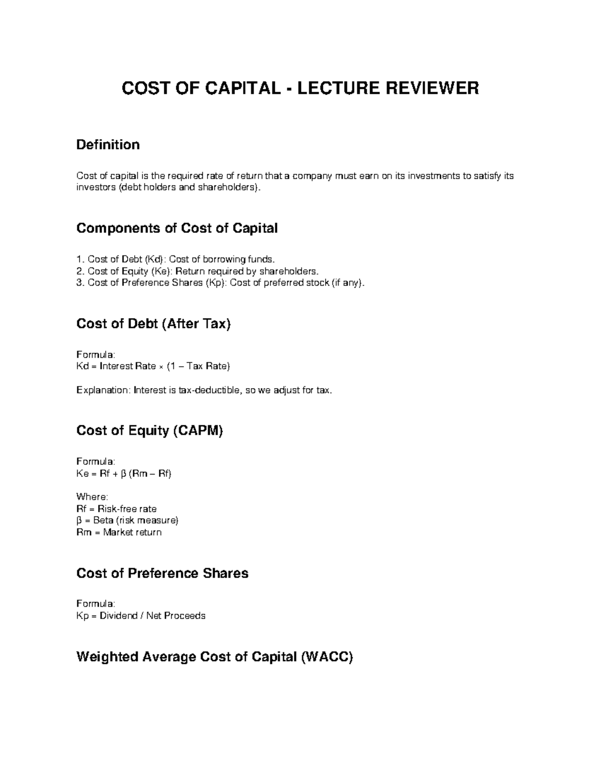 COST OF CAPITAL LECTURE REVIEWER: Key Concepts & Formulas - Studocu