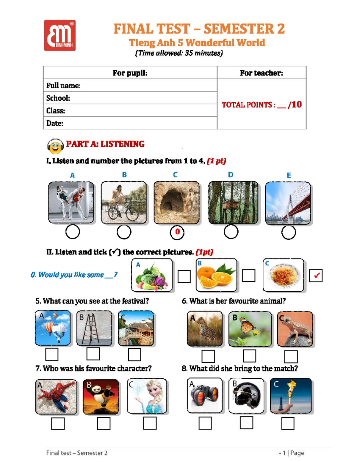 Final test Semester 2: Tieng Anh 5 Wonderful World exam questions - Studocu