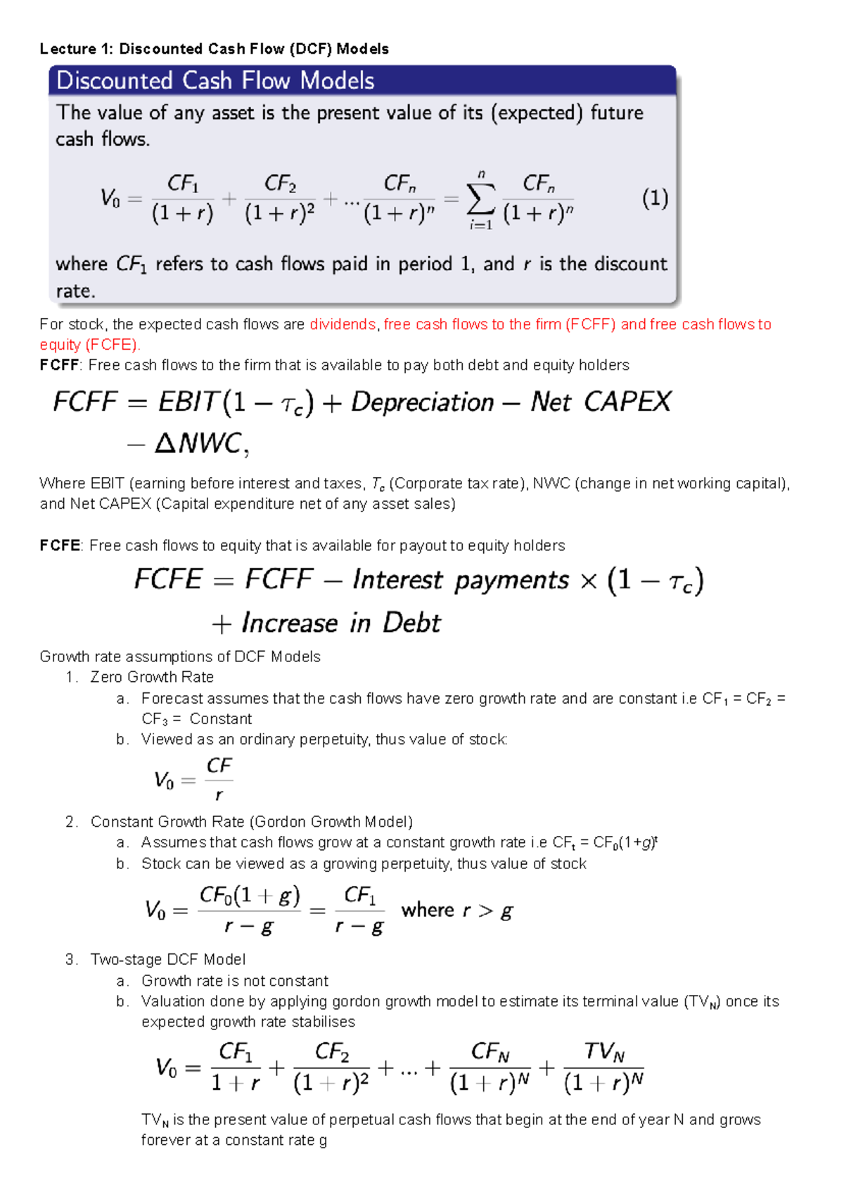 Corporate Finance (FIN 301): Final Exam Notes on DCF & Capital ...