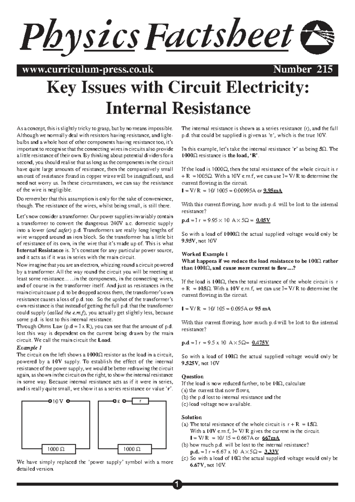Physics Factsheet 215: Understanding Internal Resistance in Circuits ...