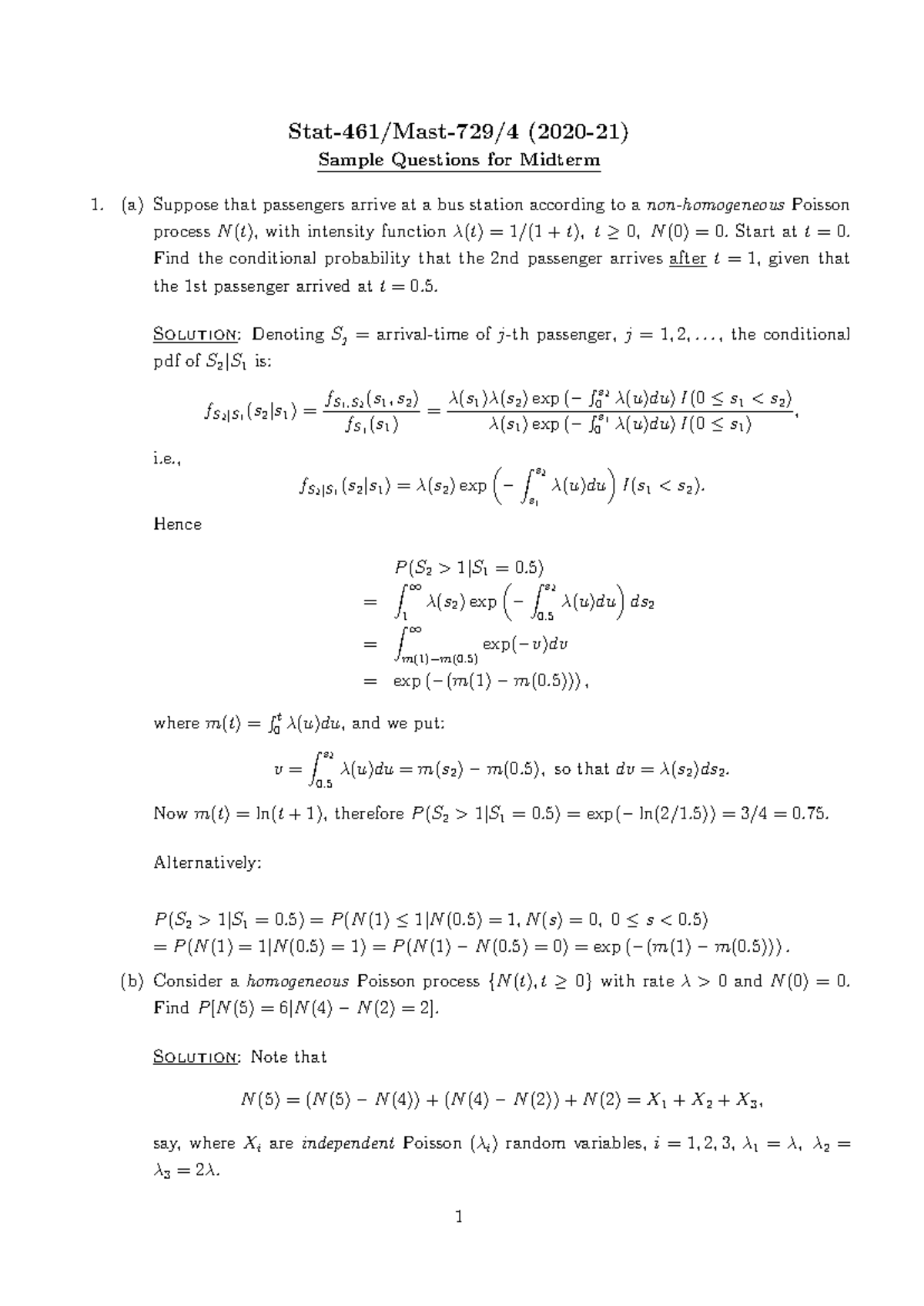 Stat461 Midterm 1 Sample Questions and Solutions for Practice - Studocu