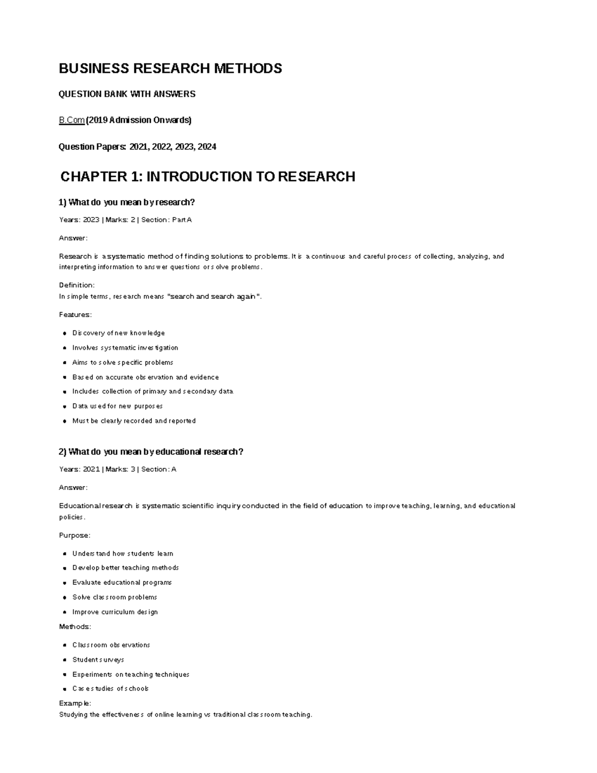 BRM COMPLETE QUESTION BANK: BUSINESS RESEARCH METHODS (2021-2024) - Studocu