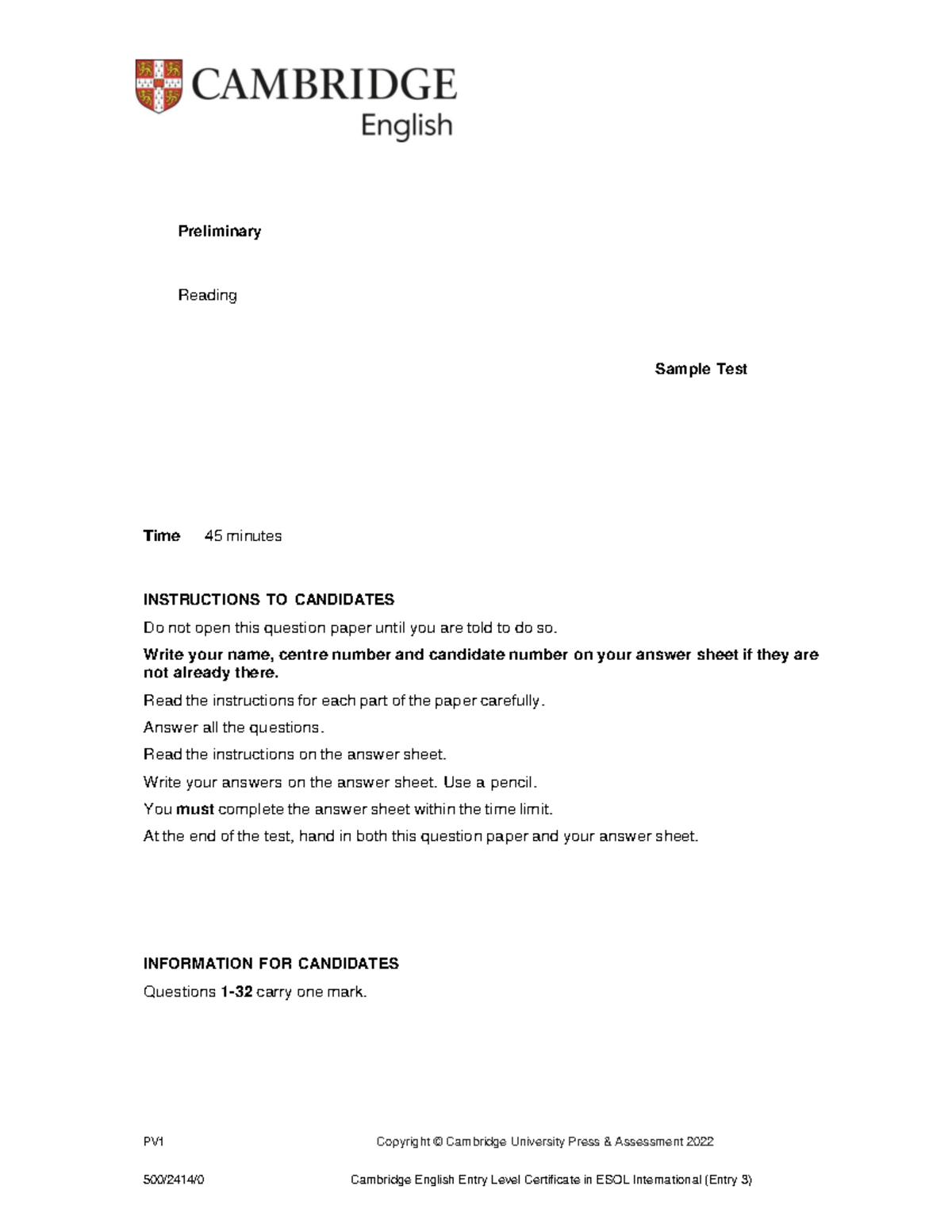 04 B1 Reading Sample Test with Instructions and Questions - Studocu