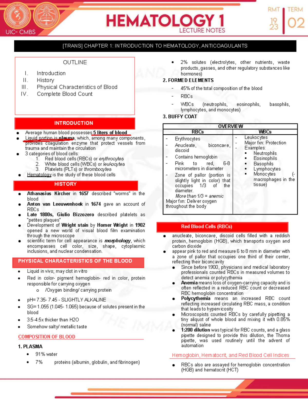 CHAPTER 1: INTRODUCTION TO HEMATOLOGY (MLS 3A) - Studocu