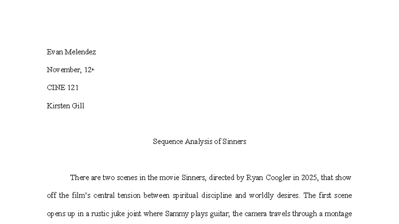 CINE 121 Sequence Analysis: Exploring Sin and Salvation in Sinners ...