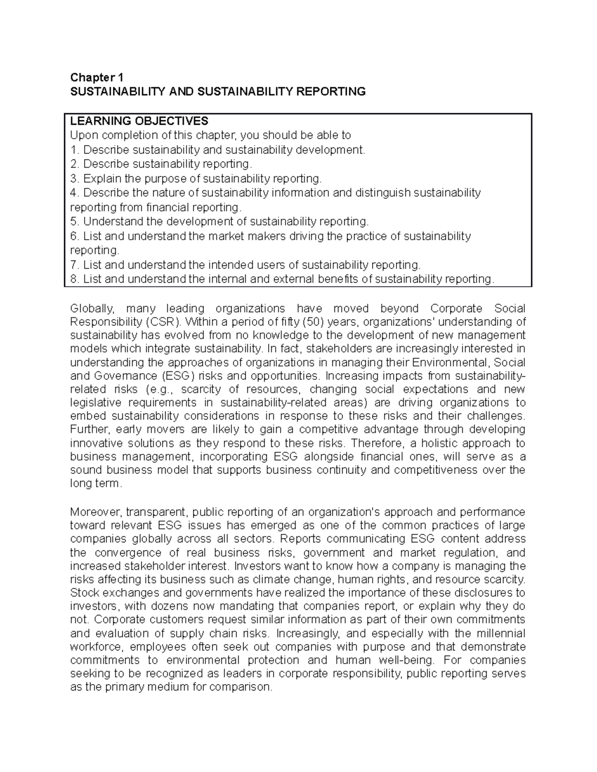 Chapter 1: Understanding Sustainability and Reporting Practices - Document Preview