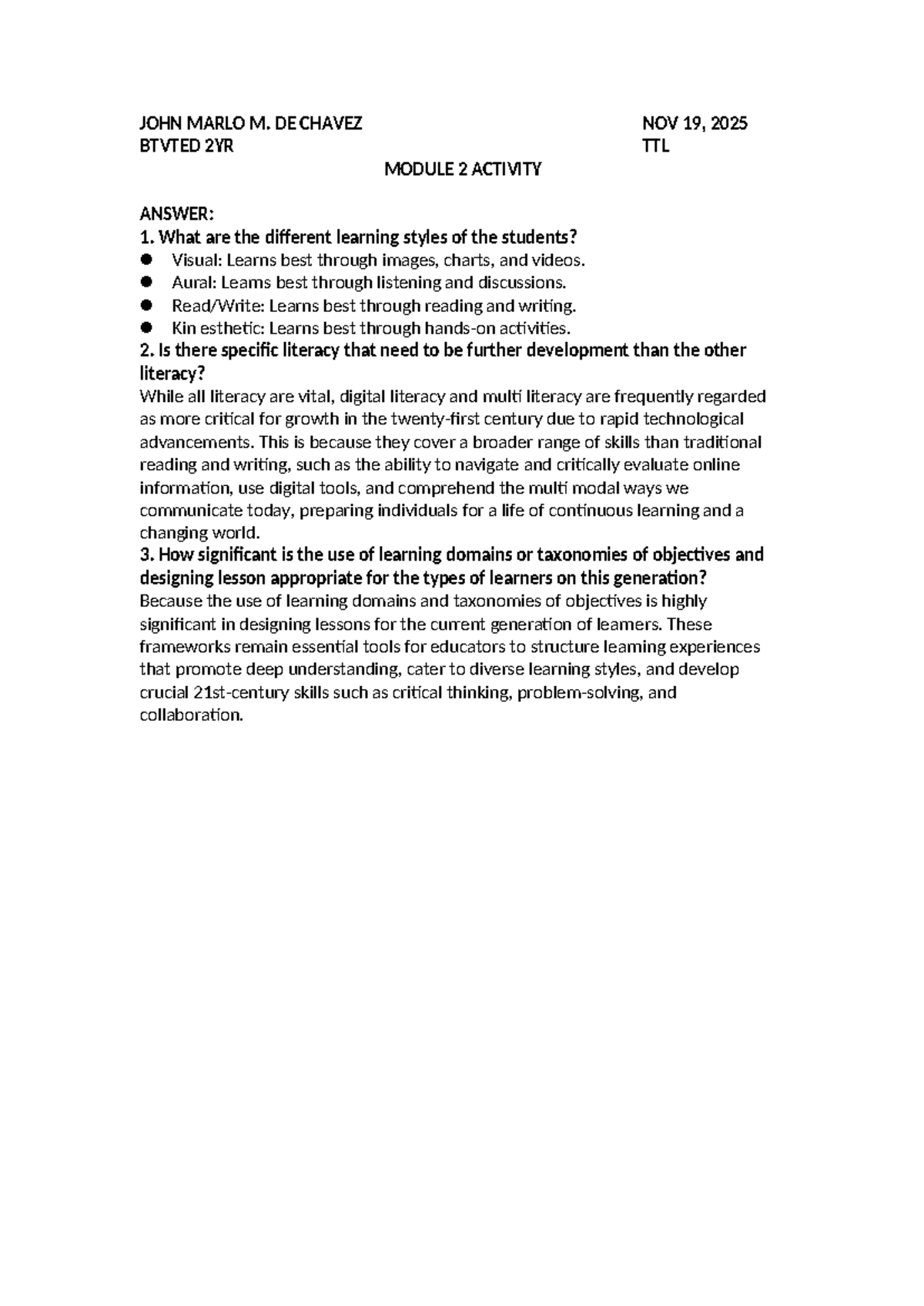 BTVTED 2YR Module 2 Activity: Learning Styles & Literacy Development ...