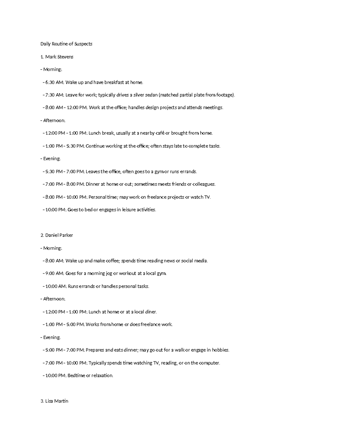 Daily Routine of Suspects: Mark, Daniel, and Lisa - WPS Office - Studocu