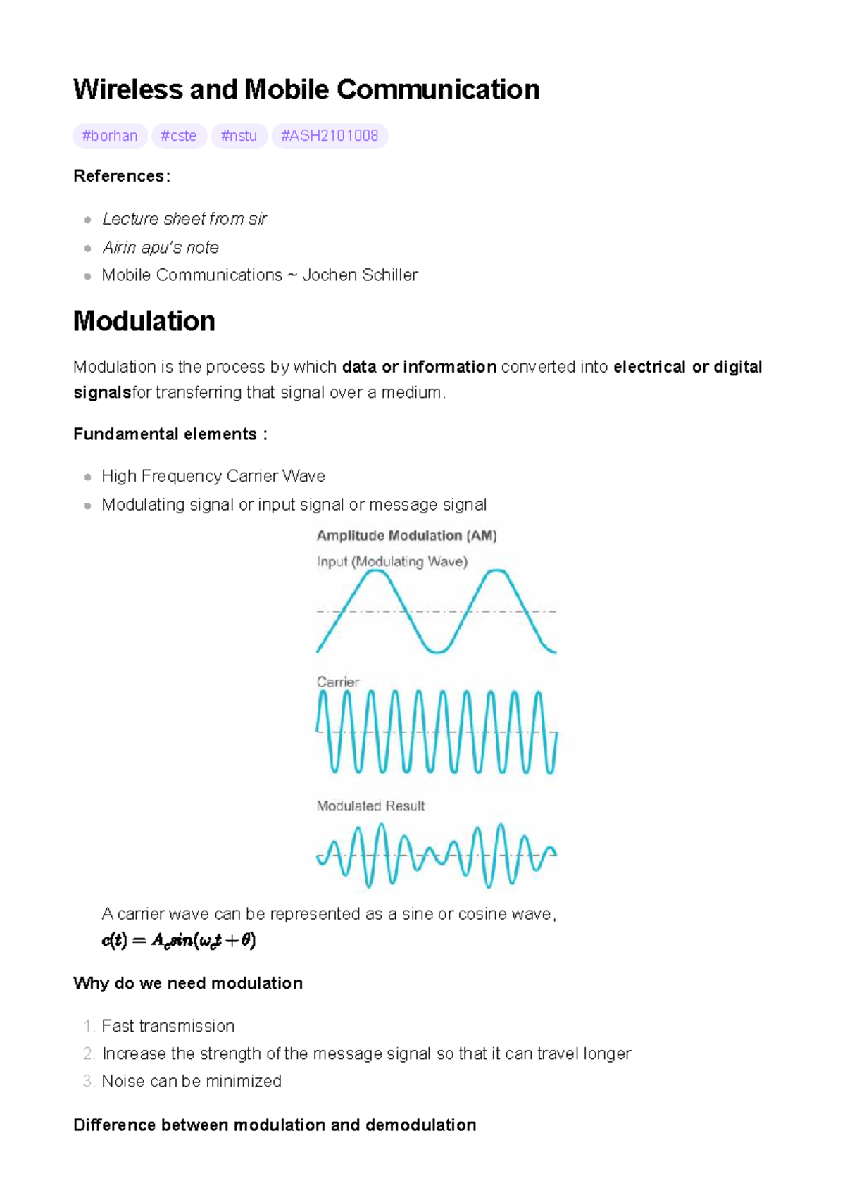 Wireless and Mobile Communication: Lecture Notes on Modulation and ...