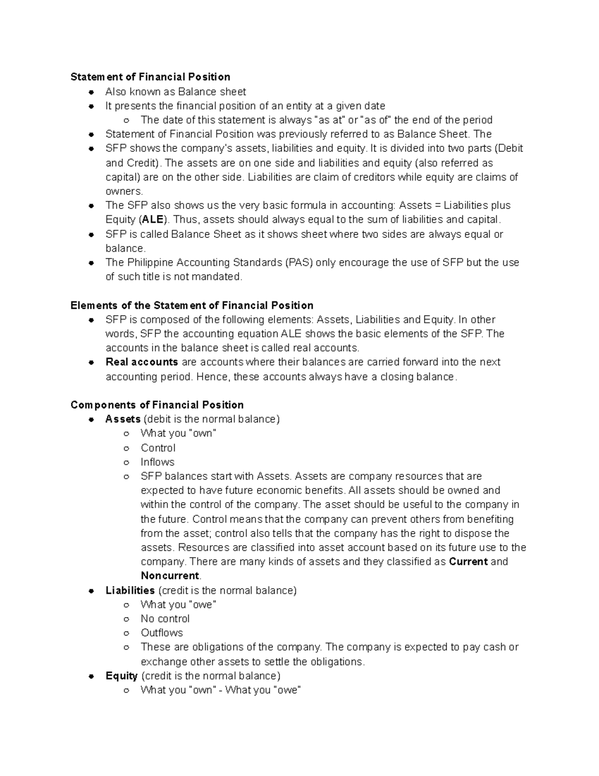 G121 Stsemq 1 Acctg - Lecture Notes on Statement of Financial Position ...
