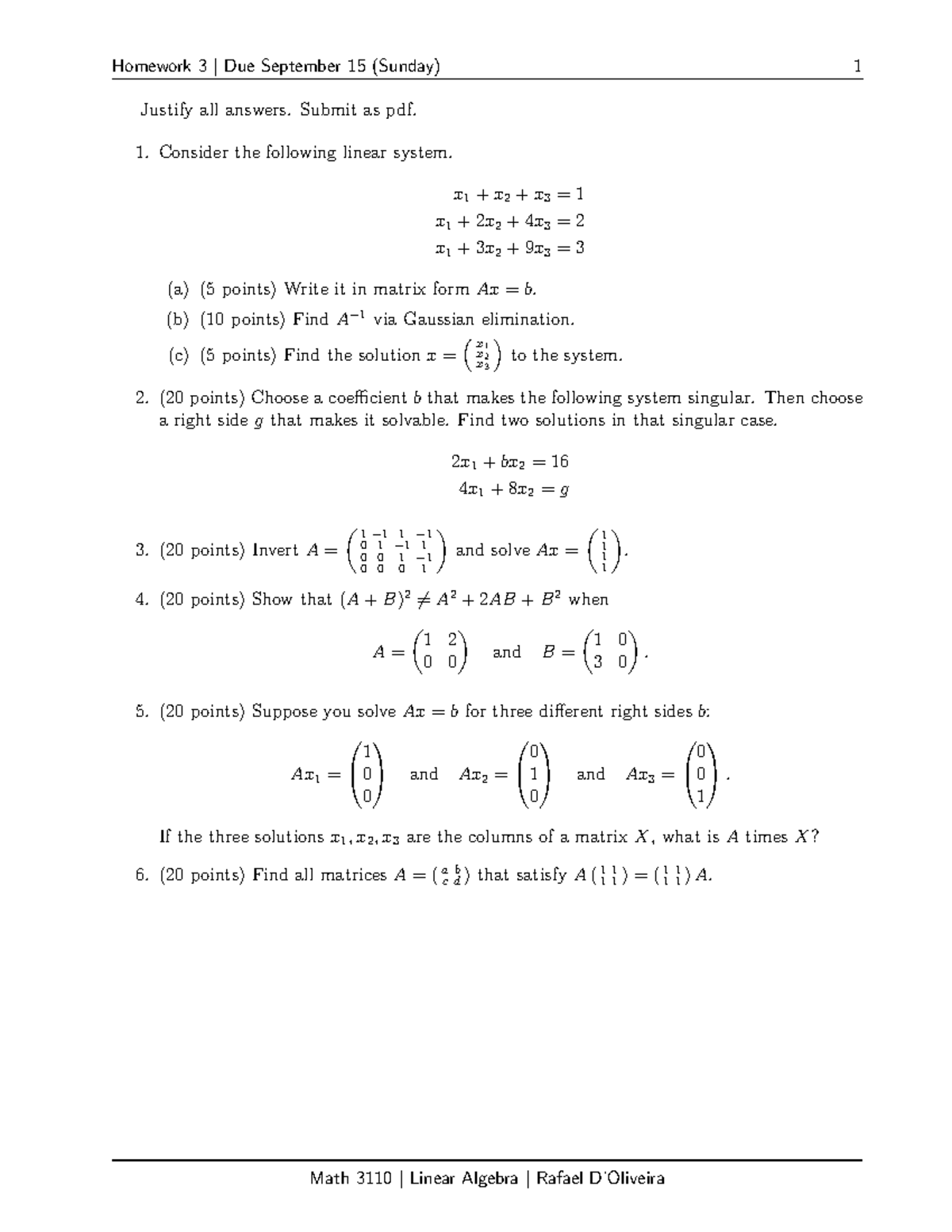 Math 3110 Homework 3: Linear Algebra Problems Due September 15 ...