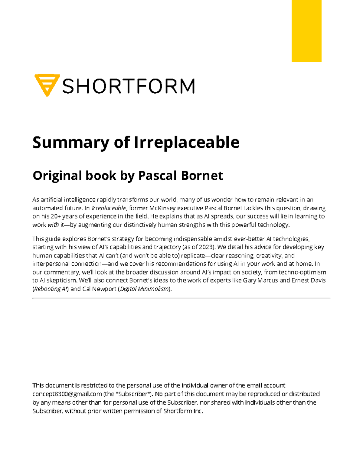 Shortform Summary: Irreplaceable by Pascal Bornet (2023) - Studocu