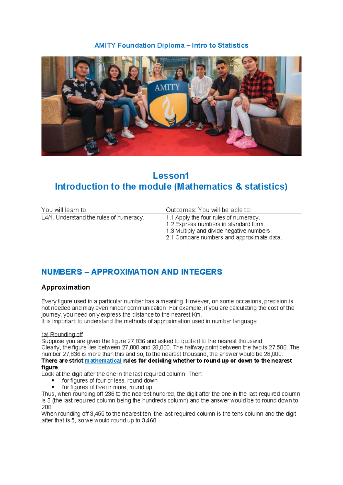 AMITY Foundation Diploma MATH 101 Lesson 1: Intro to Statistics - Studocu