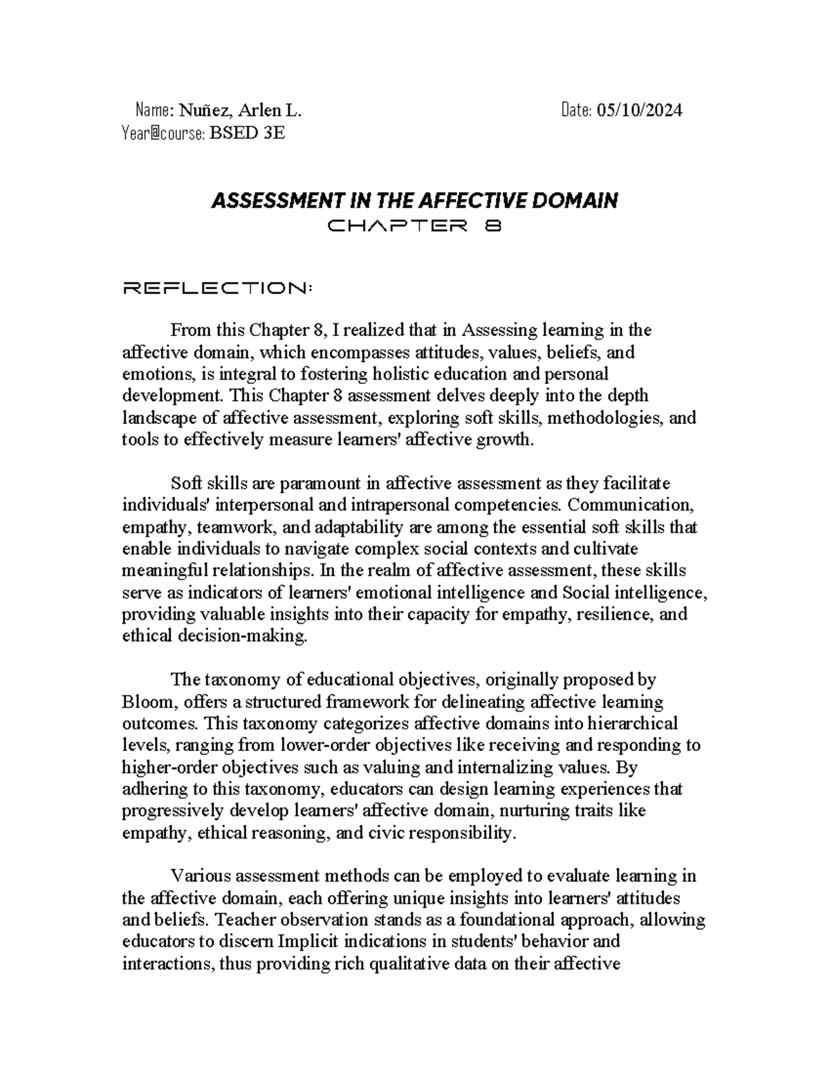 Reflection in chapter 8 profed 9 - Name: Nuñez, Arlen L. Date: 05/10 ...