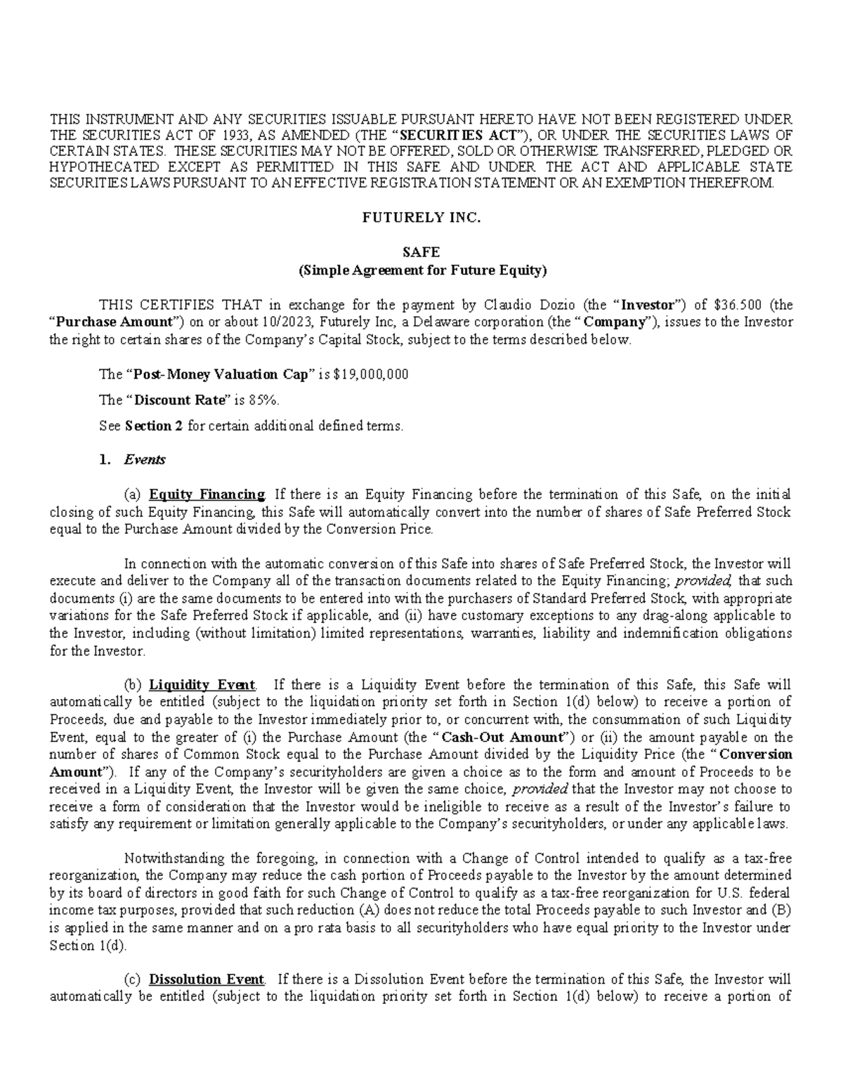 SAFE Agreement for Future Equity (SAFE) - Futurely Inc. - Studocu