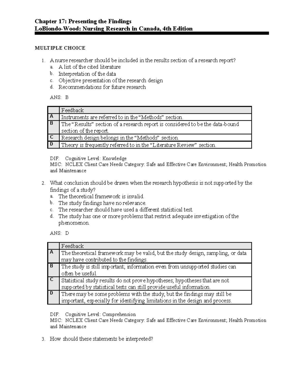 Chapter 17 - Nurs 205 Test Bank: Presenting Research Findings