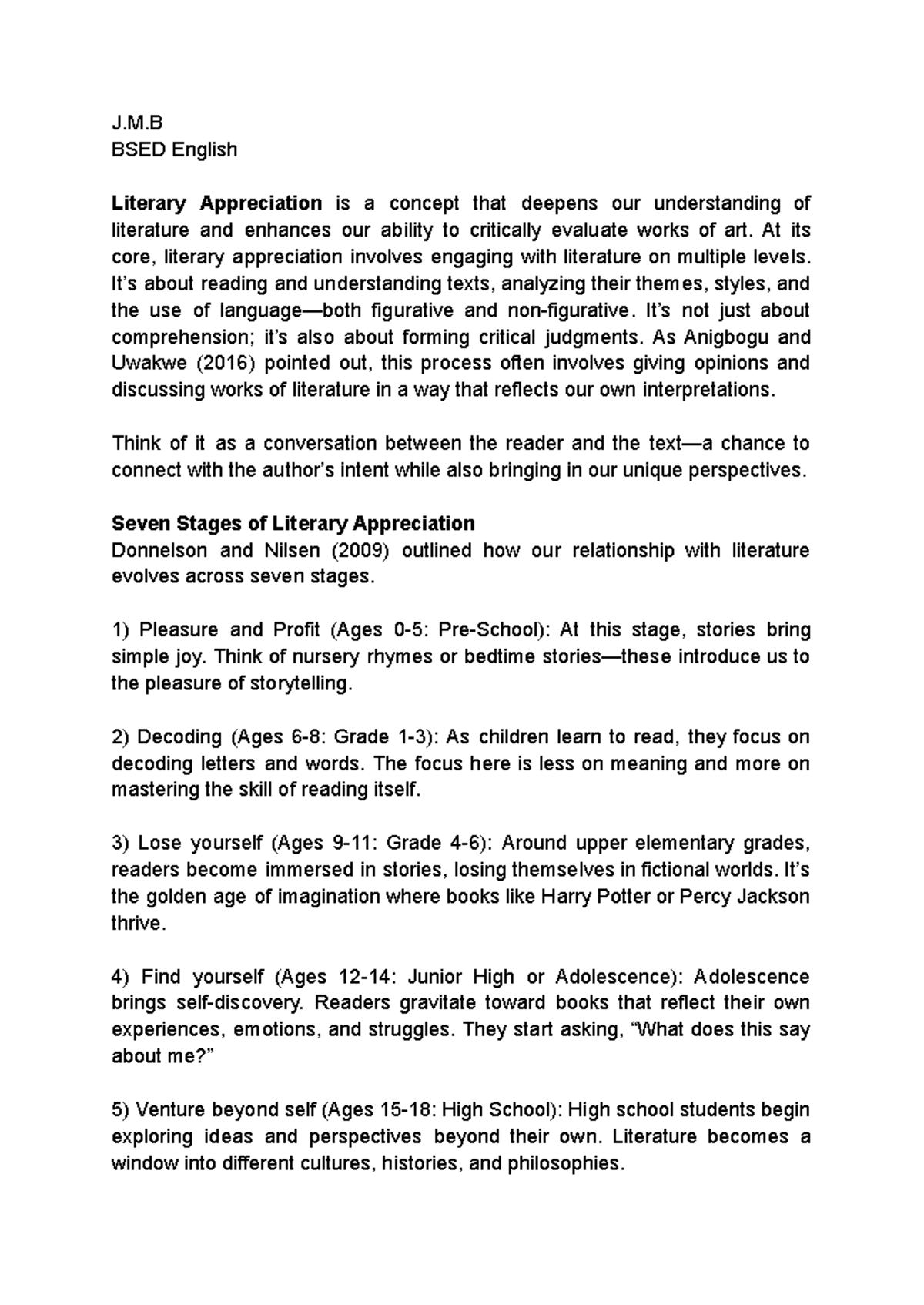 Literary Appreciation (BSED English) - Exploring Stages of Engagement ...