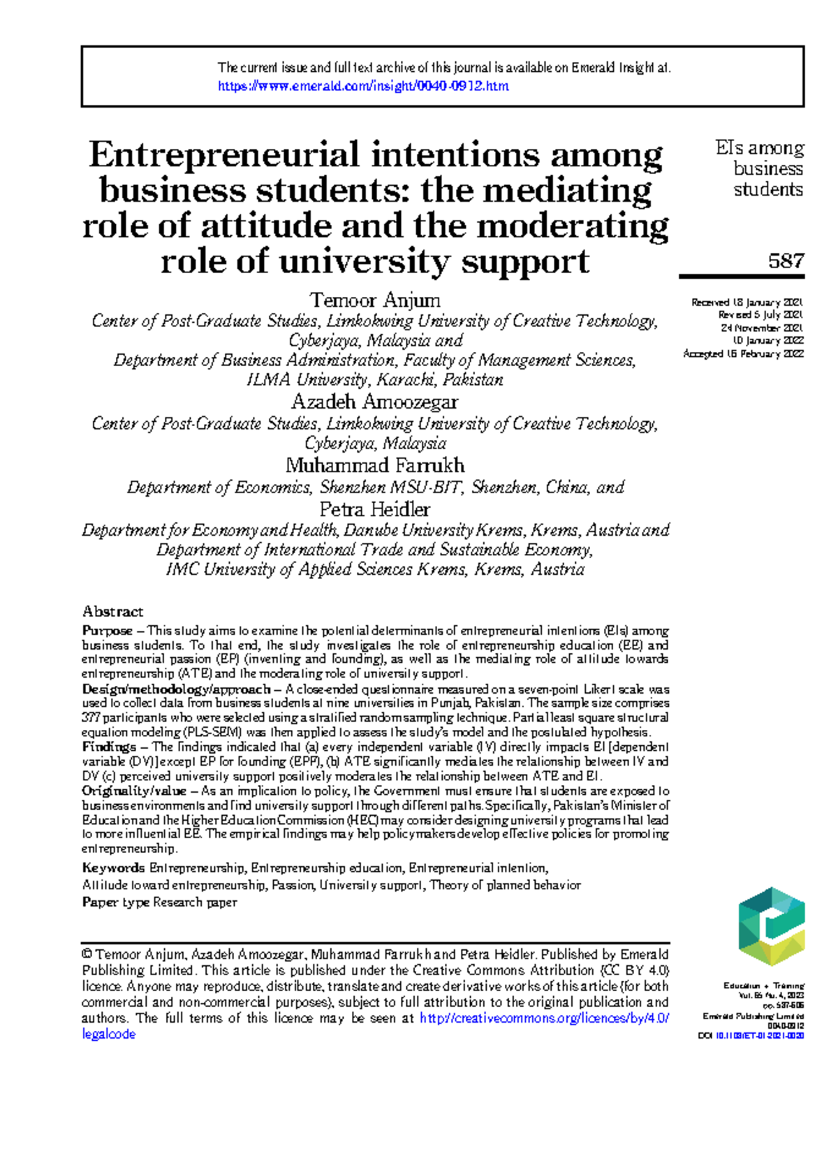 Entrepreneurial Intentions Among Business Students: The Role of ...