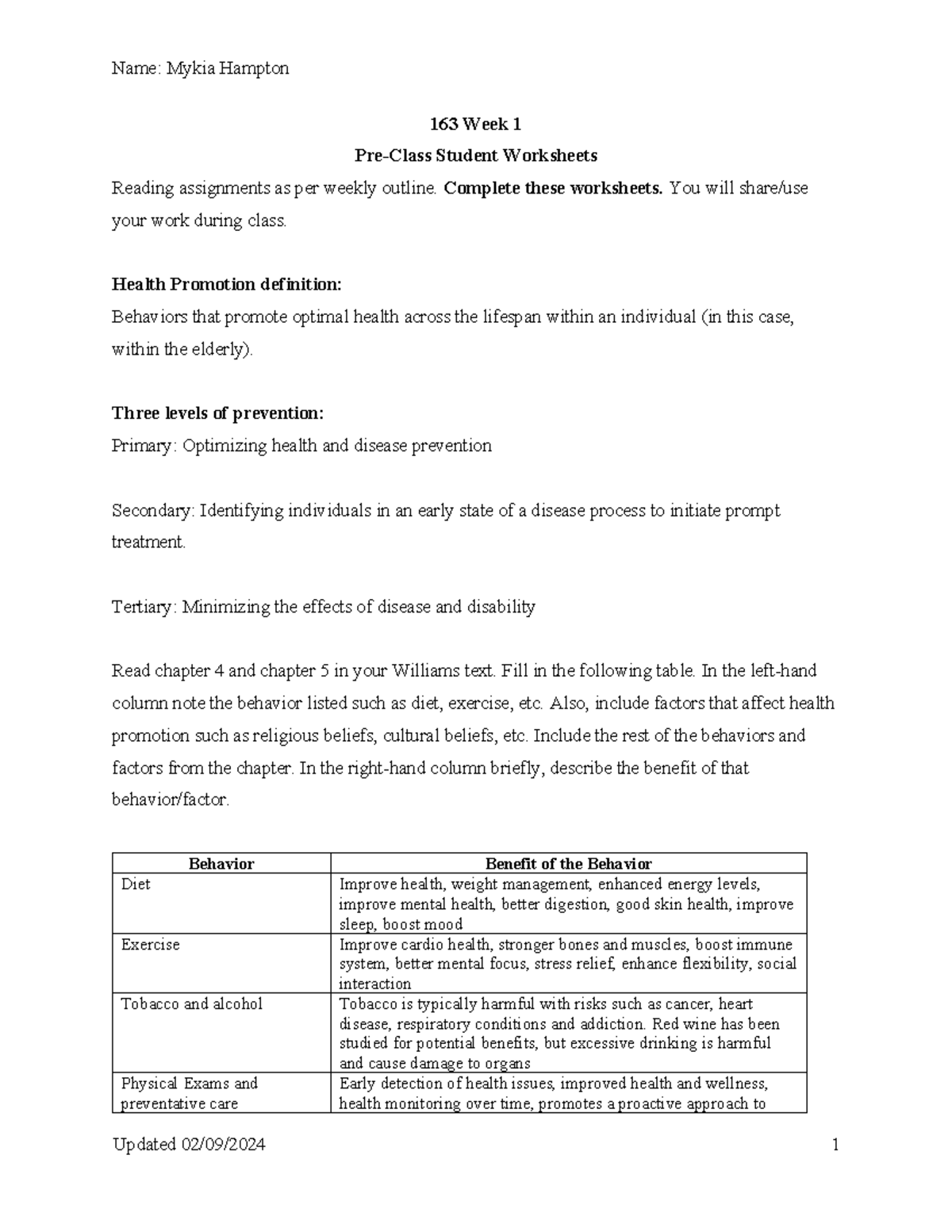 NUR 163 Week 1 Pre-Class Assignment: Health Promotion & Prevention ...