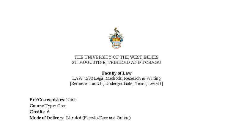 LAW 1230 - Legal Methods: Course Outline and Learning Objectives - Studocu