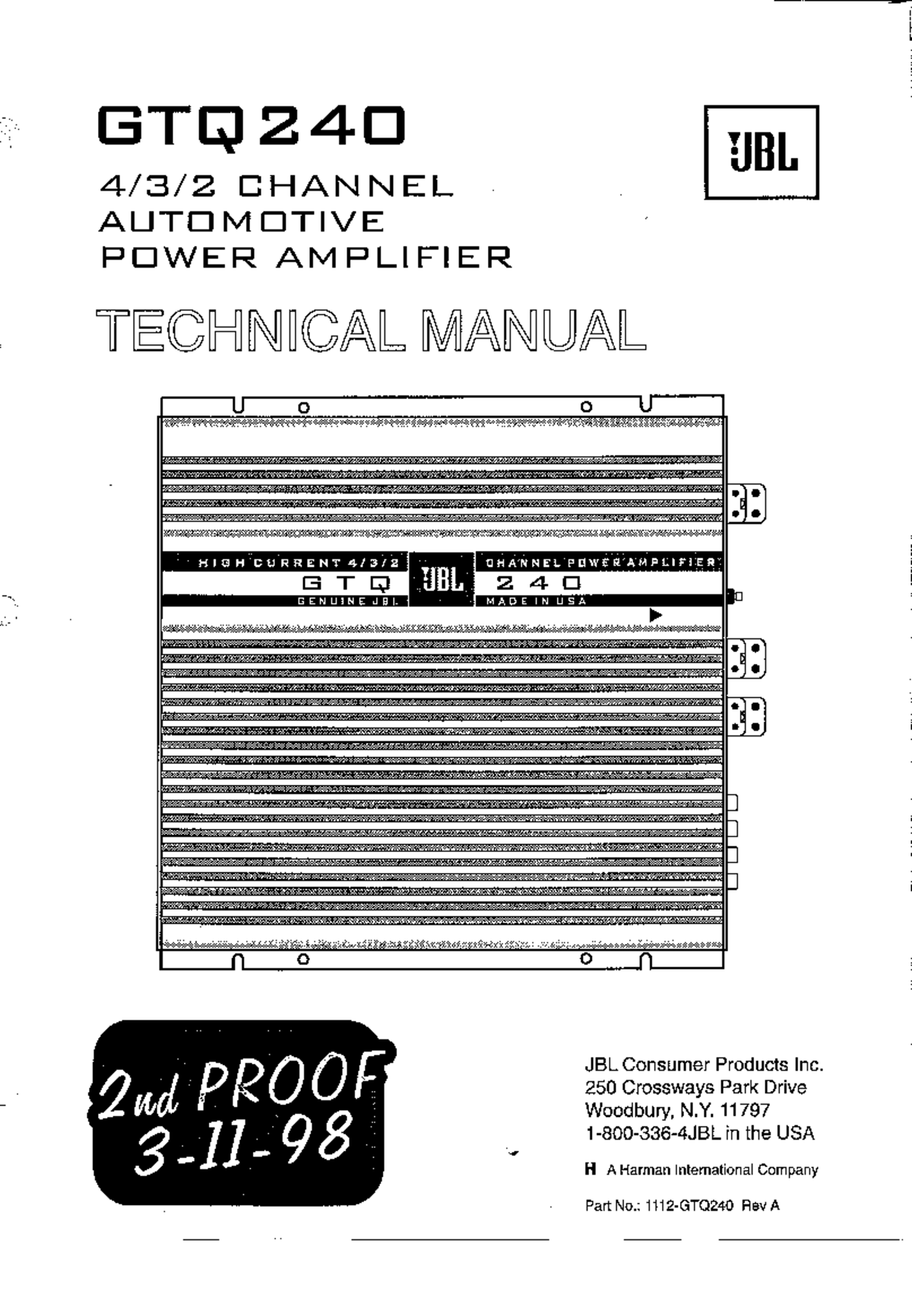 JBL GTQ240 Multichannel Automotive Amplifier - Technical Manual 