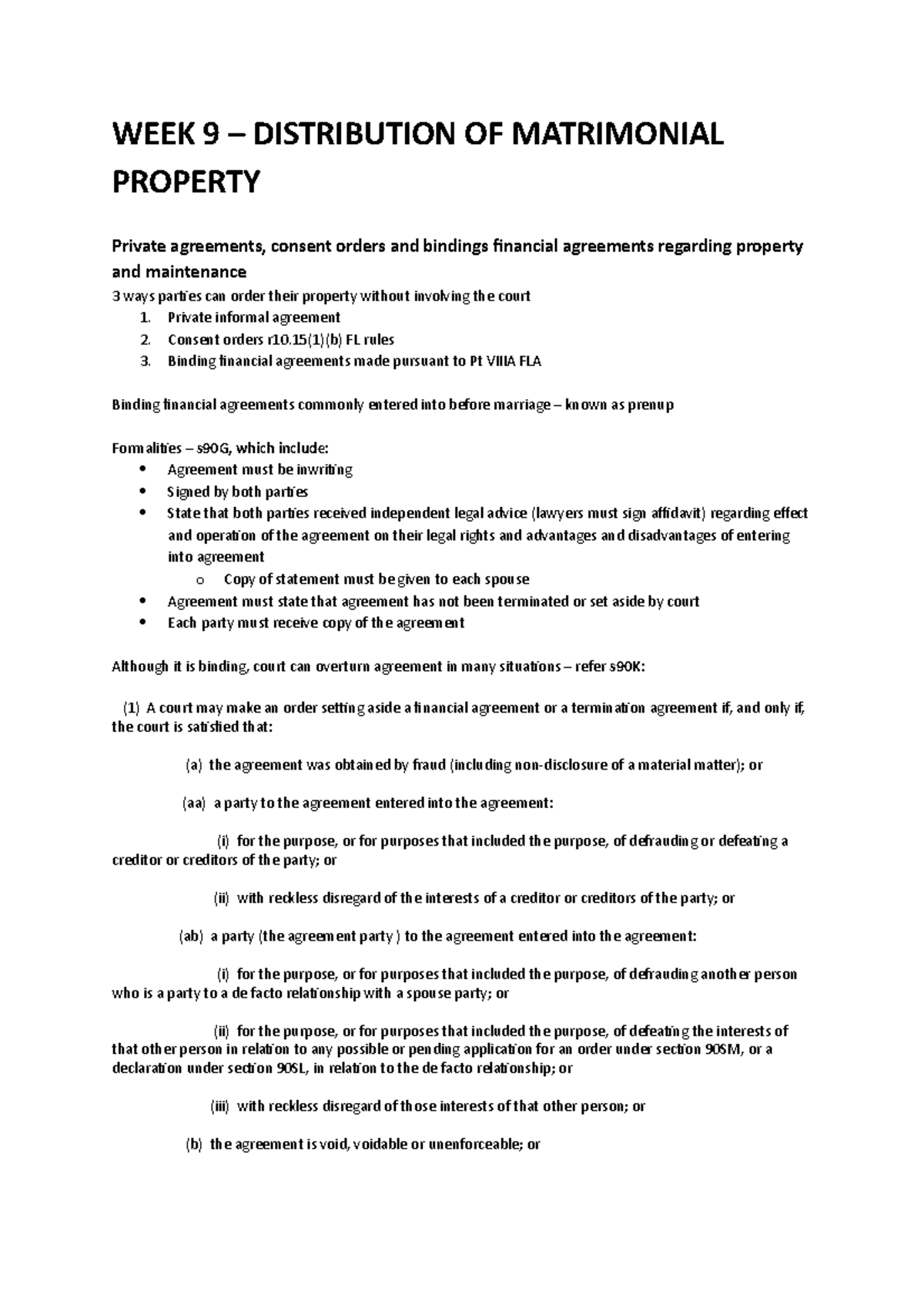 Week 9 Family Law Notes: Matrimonial Property Distribution Strategies ...
