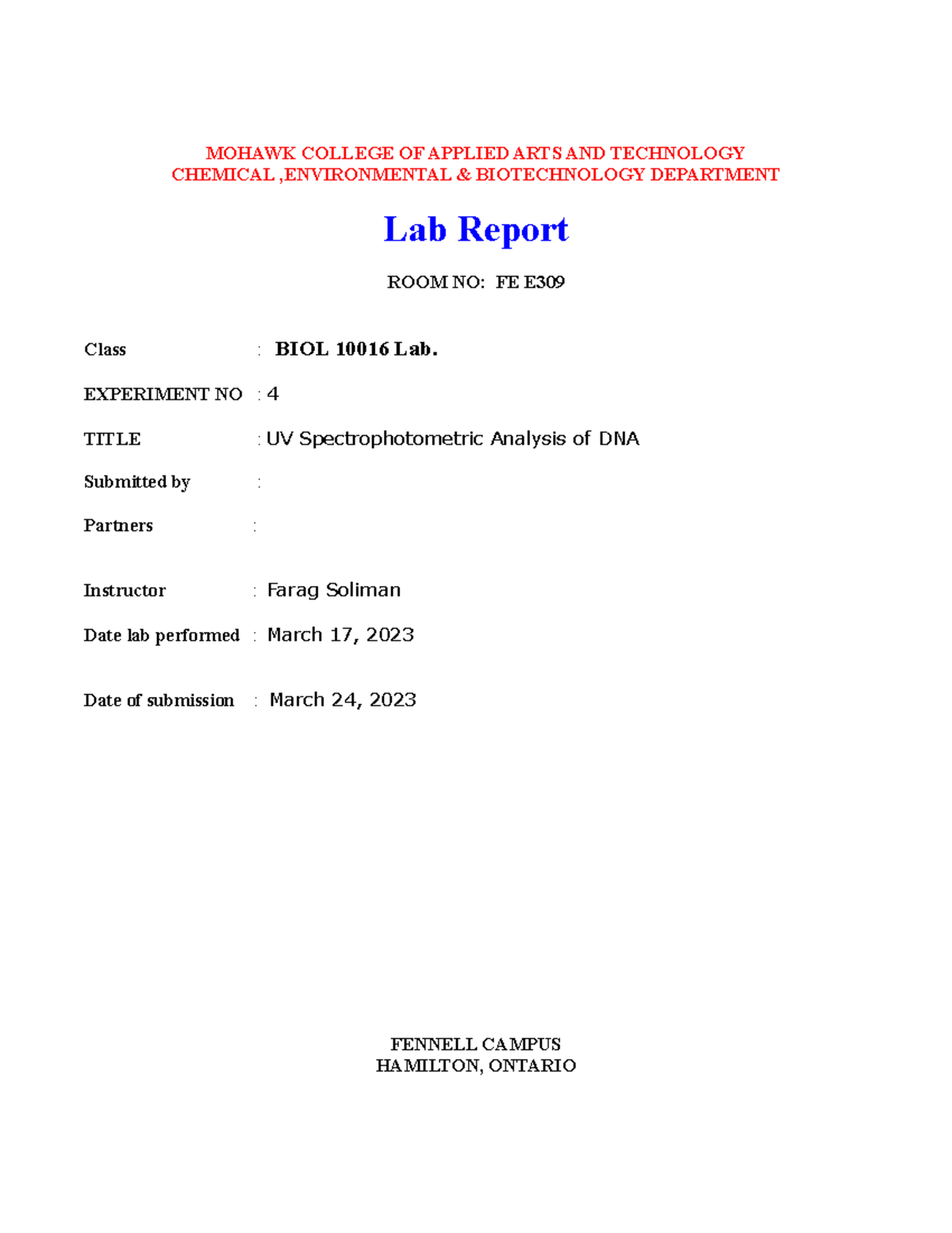 BIOL 10016 Experiment 4 UV Spectrophotmetric Analysis of DNA - MOHAWK ...