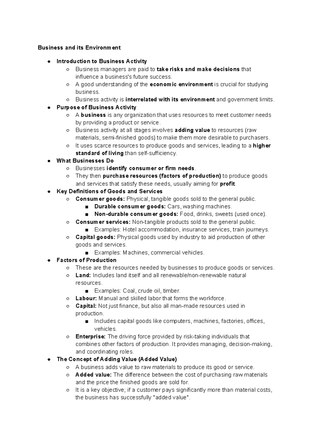Unit 1 Business - Summary of Key Concepts and Activities - Studocu