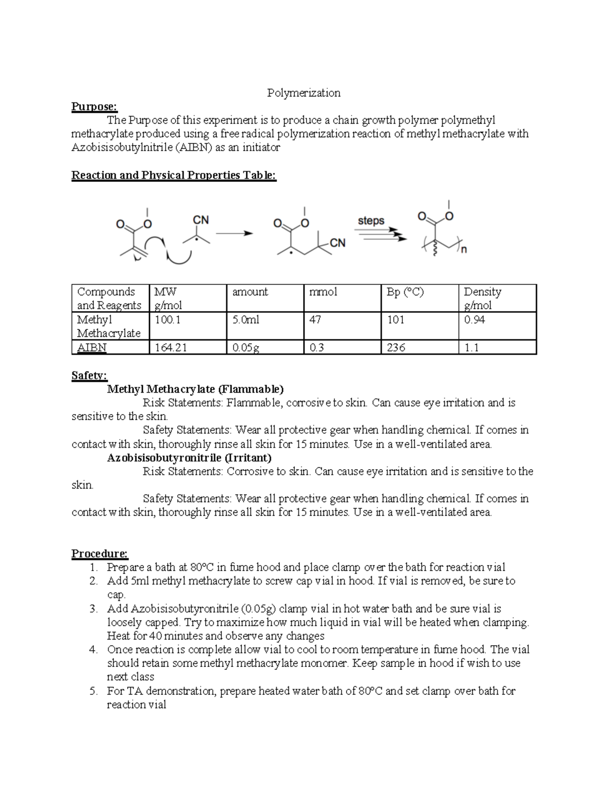 Polymerization Experiment 2 Lab Report: Chain Growth of PMMA - Studocu