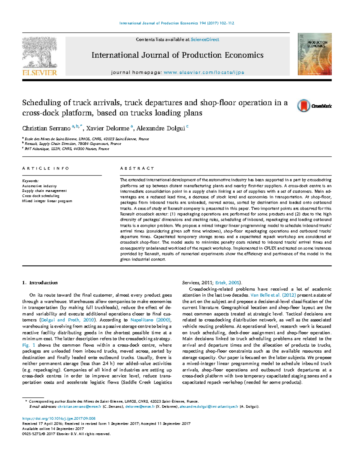 Scheduling Truck Arrivals and Departures in Cross-Dock Platforms: A ...
