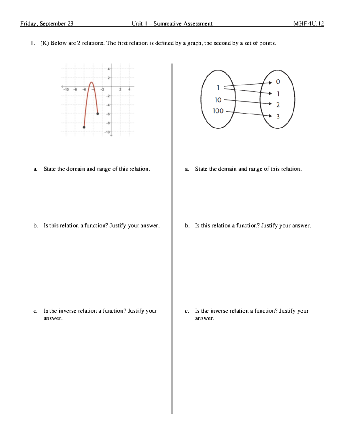 Unit 1 - Characteristics of Functions - Summative Assessment V2 ...