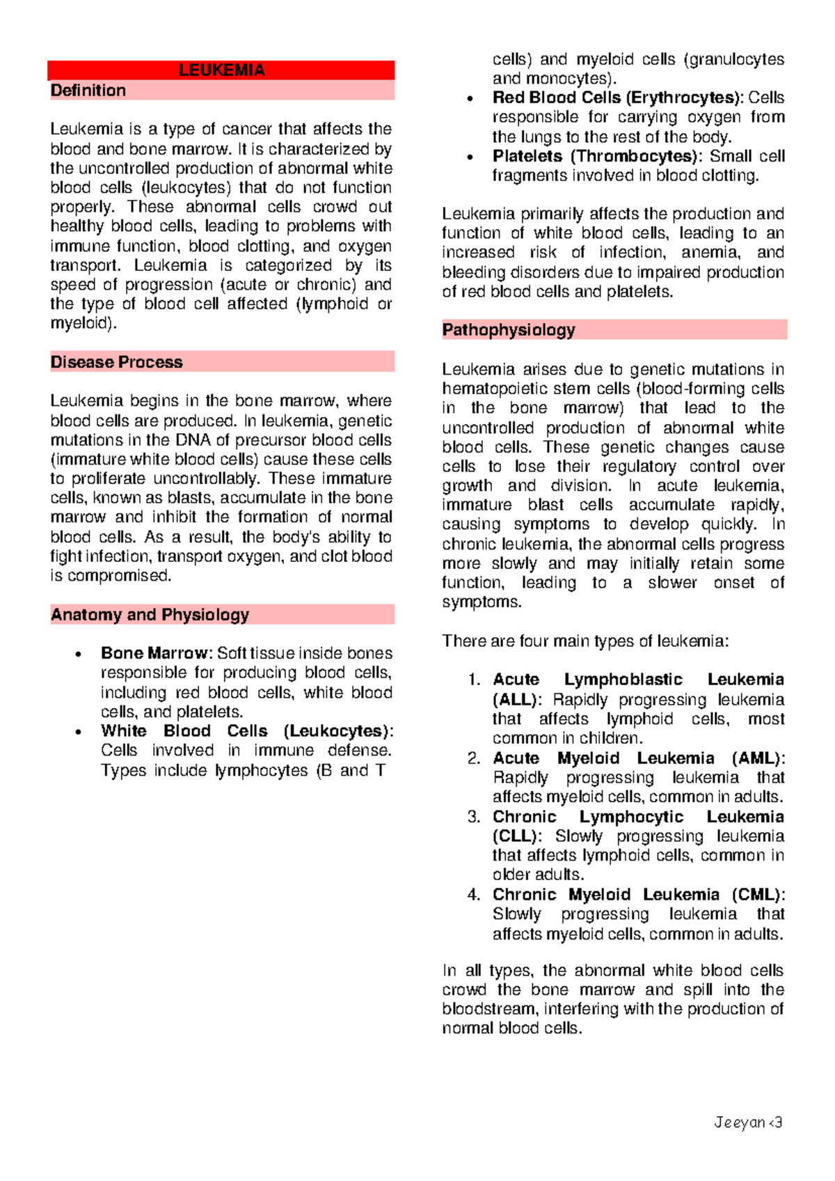Leukemia Overview: Types, Causes, Symptoms, and Management Guide - Studocu