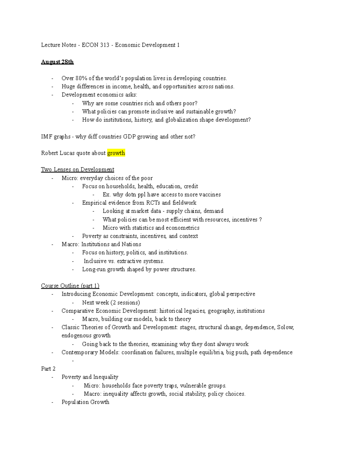 Lecture Notes ECON 313 - Economic Development Overview and Key Concepts ...